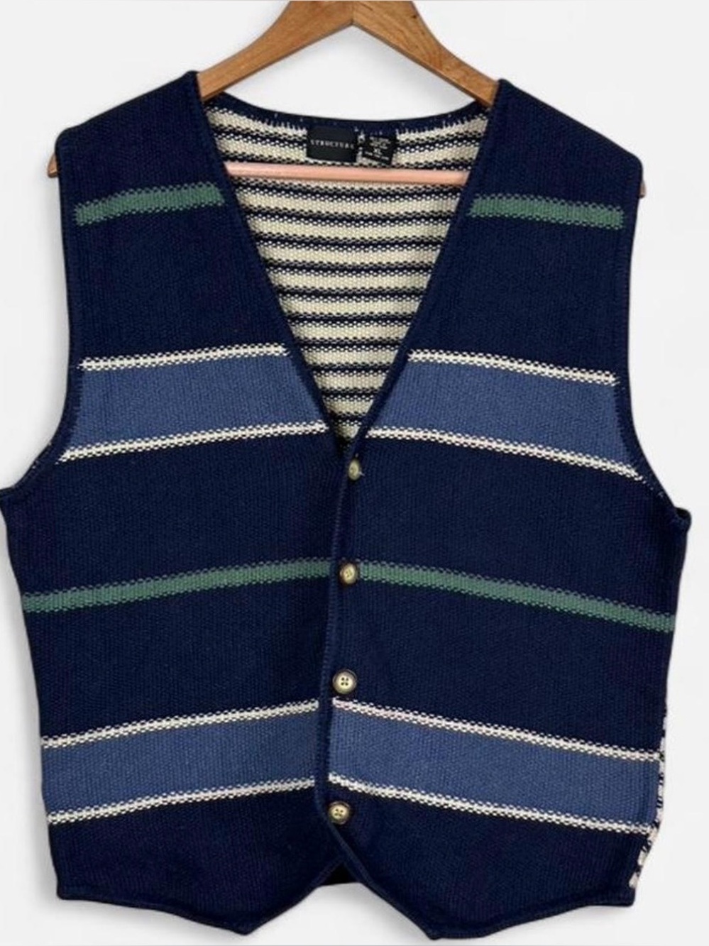 Vintage Structure sweater vest Men’s XL navy blue striped button up 90’s
